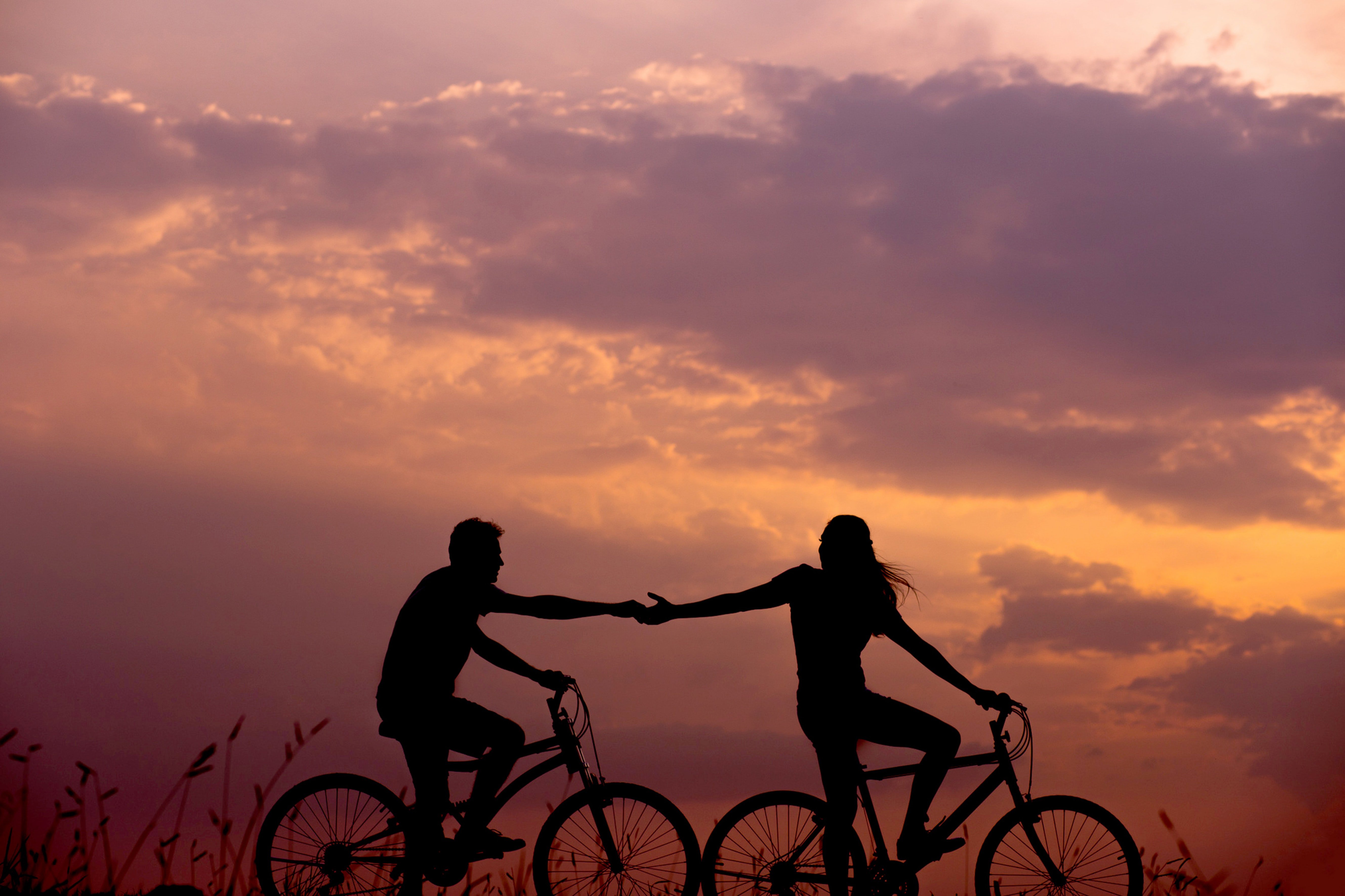 two people biking holding hands in the sunset