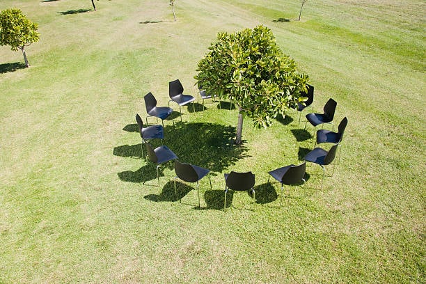 chairs in a circle around tree in green field