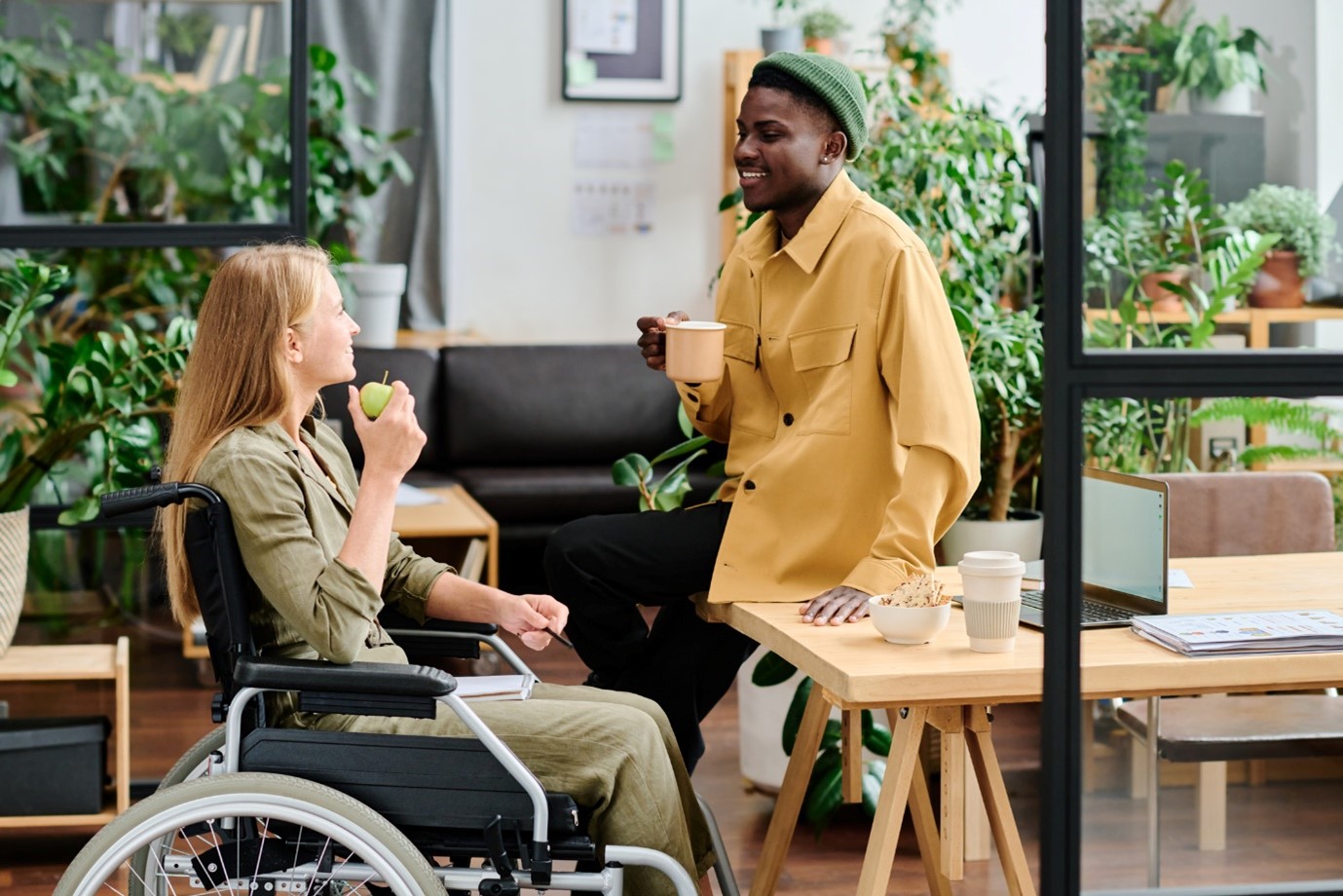 Person in wheelchair talking to person behind desk